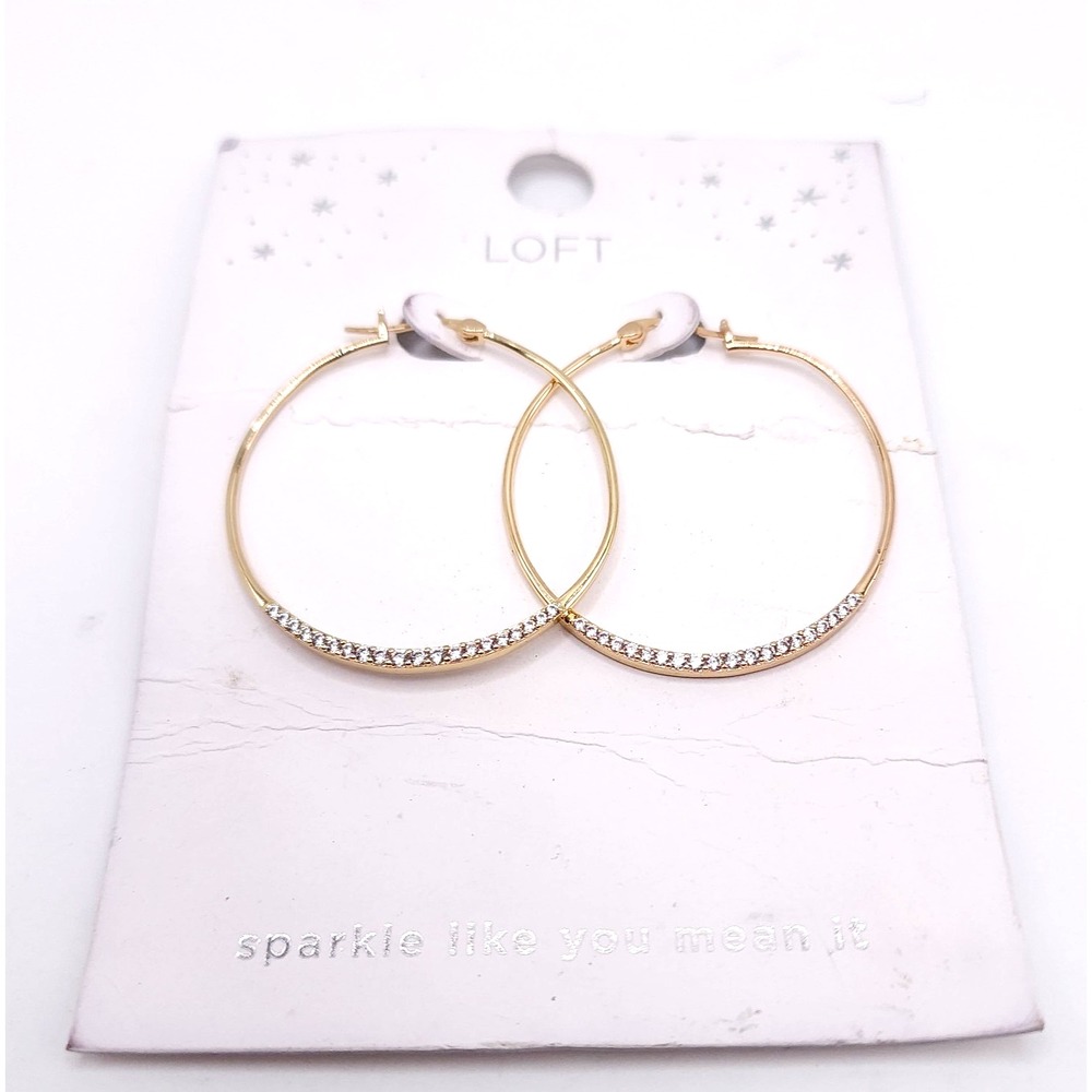 LOFT Gold Tone Pave Crystal Hoop Earrings 1.75 Inch NWT